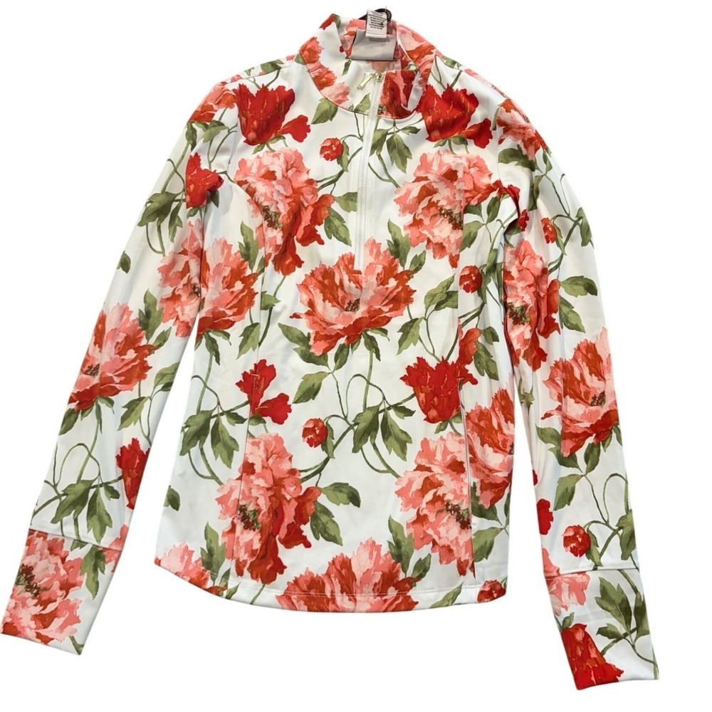 Laura Ashley Women's XS White Pink Floral UPF 1/4 Zip Pullover Top NWT